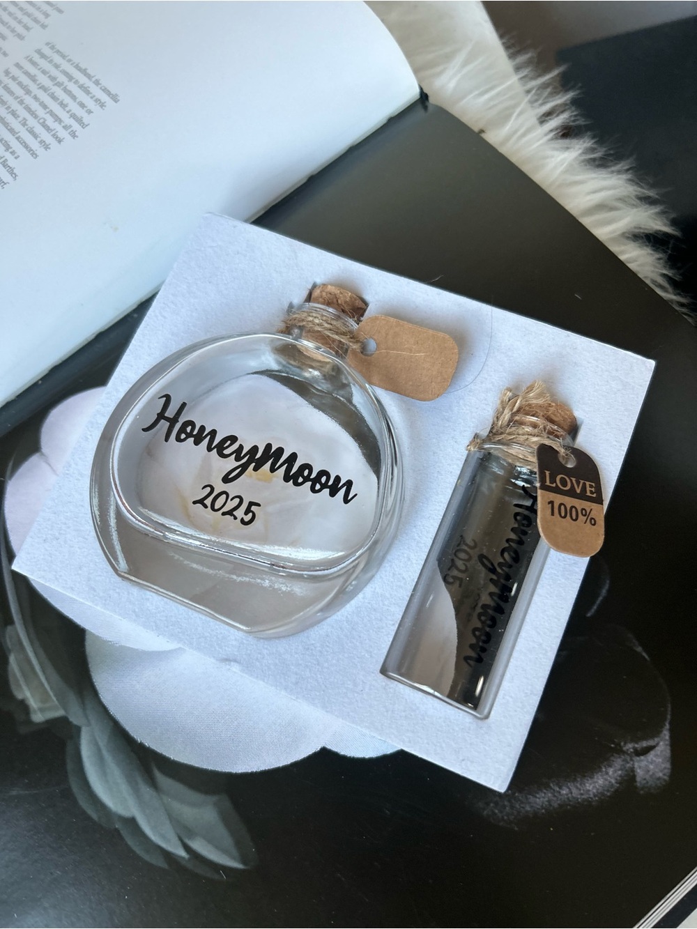 Honeymoon 2025 Glass Keepsake Bottle 2 pc Set - Clear with Natural Cork new